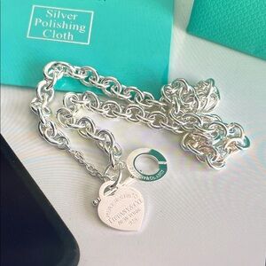 Tiffany & Co Sterling Silver Heart Tag Toggle Necklace with Blue Packaging